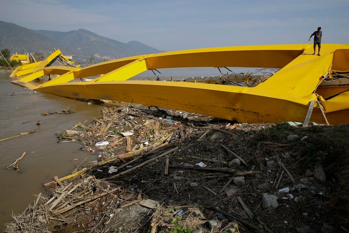 A bridge in Palu, Central Sulawesi, Indonesia, was destroyed in the recent earthquake and tsunami. 