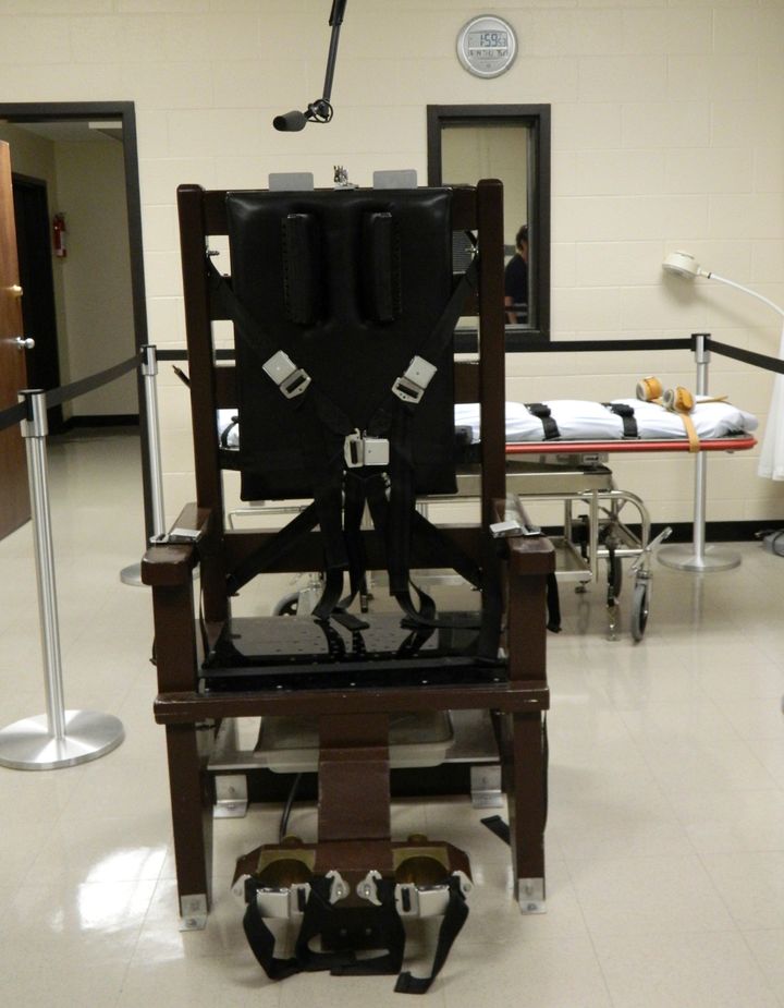 An electric chair, nicknamed "Old Sparky", is seen at the Riverbend maximum security facility on this undated photo.