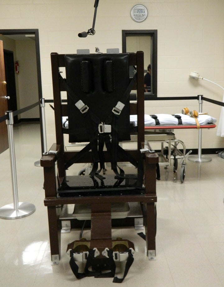 An electric chair, nicknamed "Old Sparky", is seen at the Riverbend maximum security facility on this undated photo.