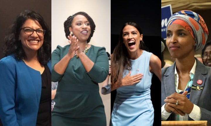 Congressional candidates Rashida Tlaib (Michigan), left, Ayanna Pressley (Massachusetts), Alexandria Ocasio-Cortez (New York) and Ilhan Omar (Minnesota)