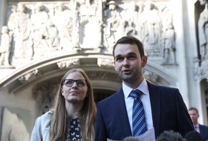 Daniel and Amy McArthur, who own Ashers Bakery in Belfast, speak as they leave the Supreme Court in London on Oct. 10. 