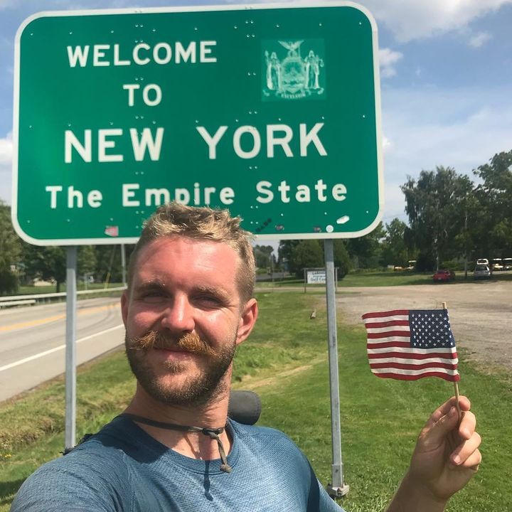 Day 98 (Sept. 1, 2018, Pennsylvania-New York border) After blading just under 3,000 miles in 98 days and traveling through 12 states, Mike finally crossed the border into his final and home state of New York.