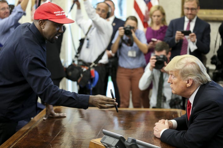 Rapper Kanye West meets with President Donald Trump Thursday in the Oval Office at the White House.