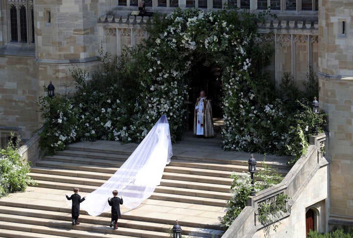 A shot of Meghan Markle's 16-foot veil as she walks into St. George's Chapel on May 19. 