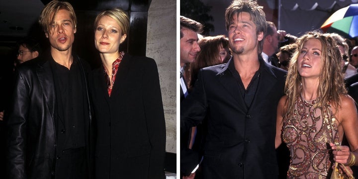 Brad Pitt, pictured here with ex-girlfriend Gwyneth Paltrow and ex-wife Jennifer Aniston, isn't the only one who morphs into whoever he's dating.