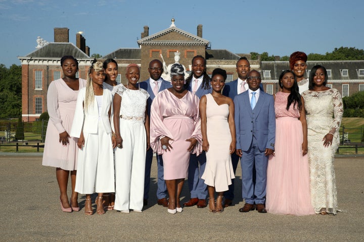 The Kingdom Choir perform outside Kensington Palace on July 24 in London. The choir performed at the royal wedding of the Duk