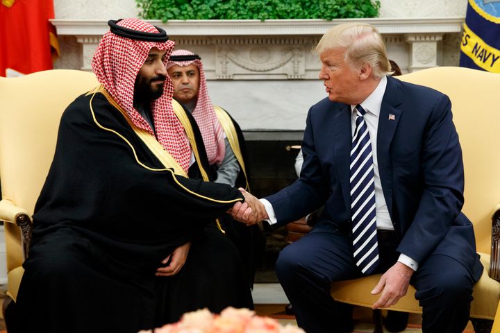 President Donald Trump shakes hands with Saudi crown prince Mohammed bin Salman in March 2018. 