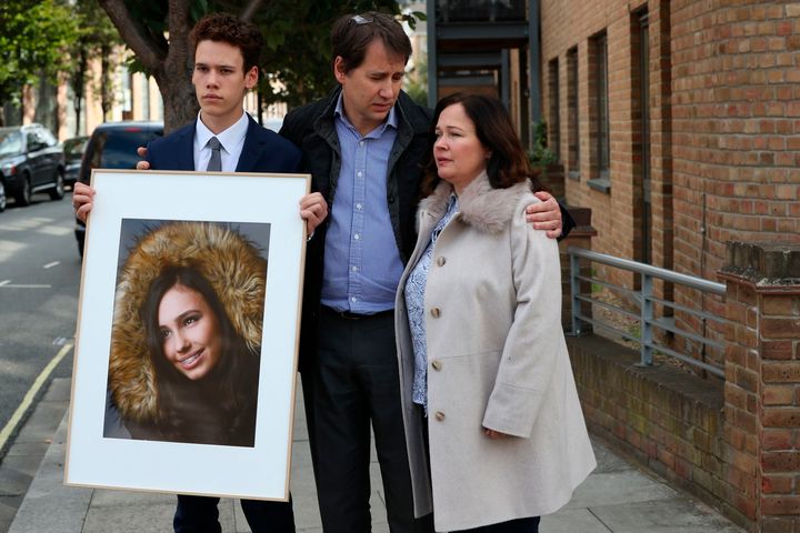 Nadim and Tanya Ednan-Laperouse, with their son Alex, following the inquest into the death of Natasha Ednan-Laperouse. 