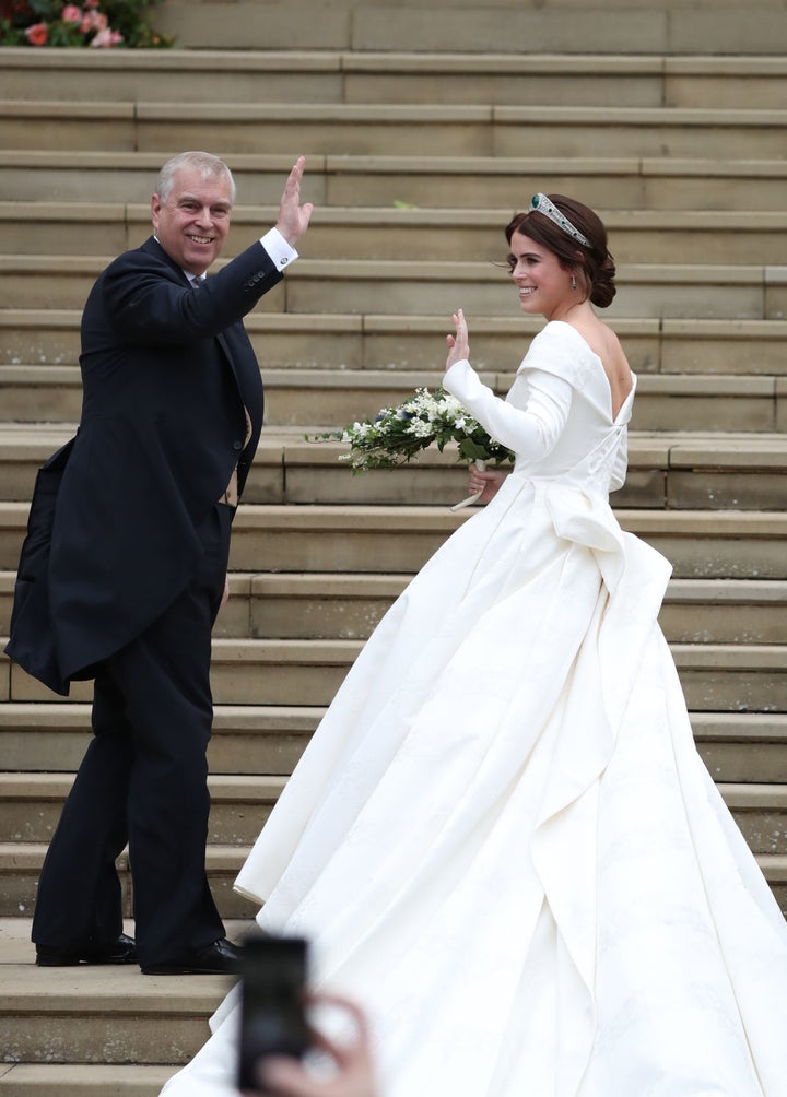 The bride-to-be and her father Prince Andrew on the steps to St George's Chapel