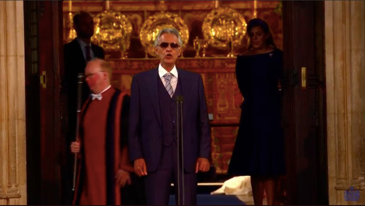 Andrea Bocelli singing at the royal wedding of Princess Beatrice of York and Jack Brooksbank. 