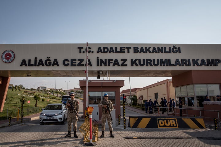 Turkish soldiers stand guard outside the entrance to Aliaga Prison Court after American pastor Andrew Brunson arrived ahead of his court hearing on October 12, 2018 in Izmir, Turkey.