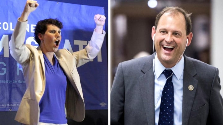 Retired Marine fighter pilot Amy McGrath, left, is neck and neck with incumbent Rep. Andy Barr (R) in a contentious congressional race in Kentucky's 6th District.