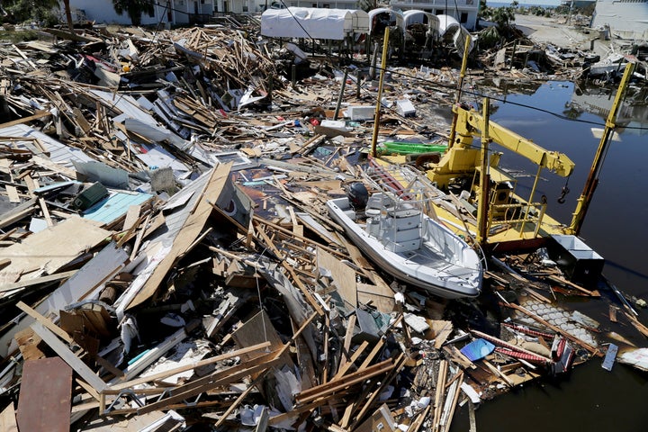 Boats lie among the rubble along in Mexico Beach, Florida, two days after Hurricane Michael devastated the small coastal town