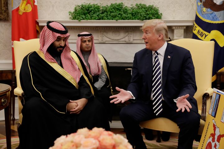 President Donald Trump meets with Saudi Crown Prince Mohammed bin Salman in the Oval Office of the White House on March 20, 2018.