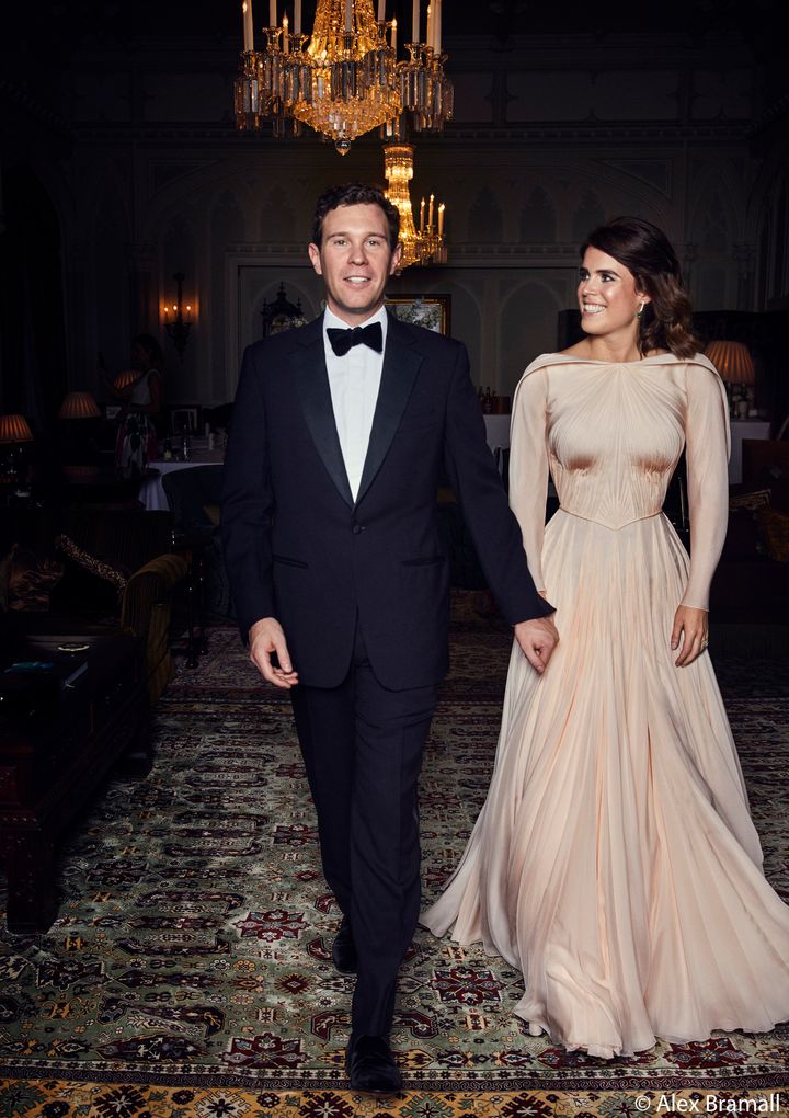 Jack Brooksbank and Princess Eugenie of York arrive at the Royal Lodge in Windsor for a dinner the evening of their wedding. 
