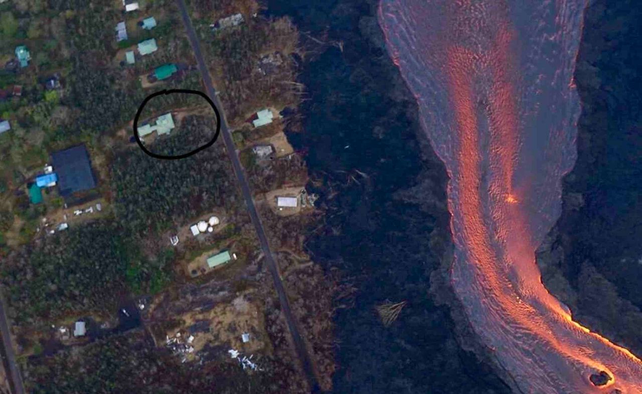In this photo of fissure 8's river of lava, Janet Montrose's home is circled to show friends and family how close it was to the flow.