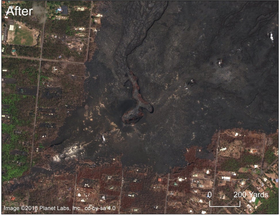 A comparable photo after the eruption. The crater within the fissure 8 cone is visible.