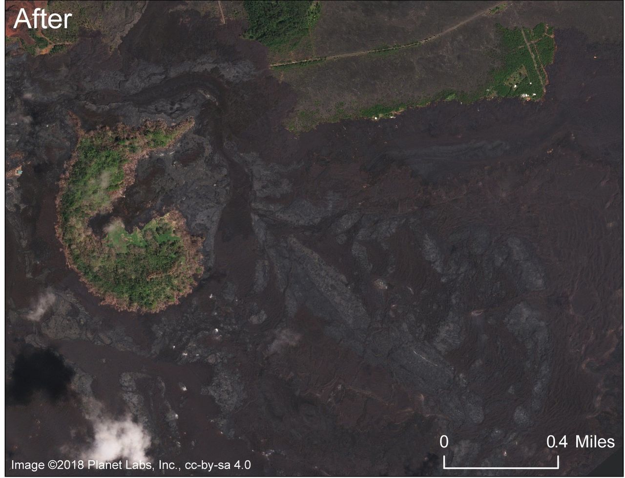 A comparable photo after most of the neighborhood was covered by the fissure 8 lava flow.