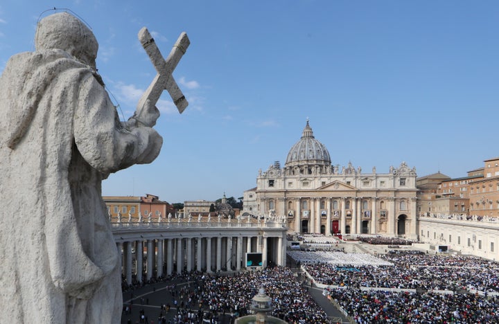 Pope Francis leading a Mass for the canonization of the Pope Paul VI and El Salvador's Archbishop Oscar Romero at the Vatican