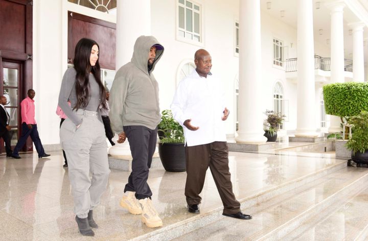 Kim Kardashian and Kanye West meet the president of Uganda, Yoweri Kaguta Museveni, in Entebbe on Oct. 15.