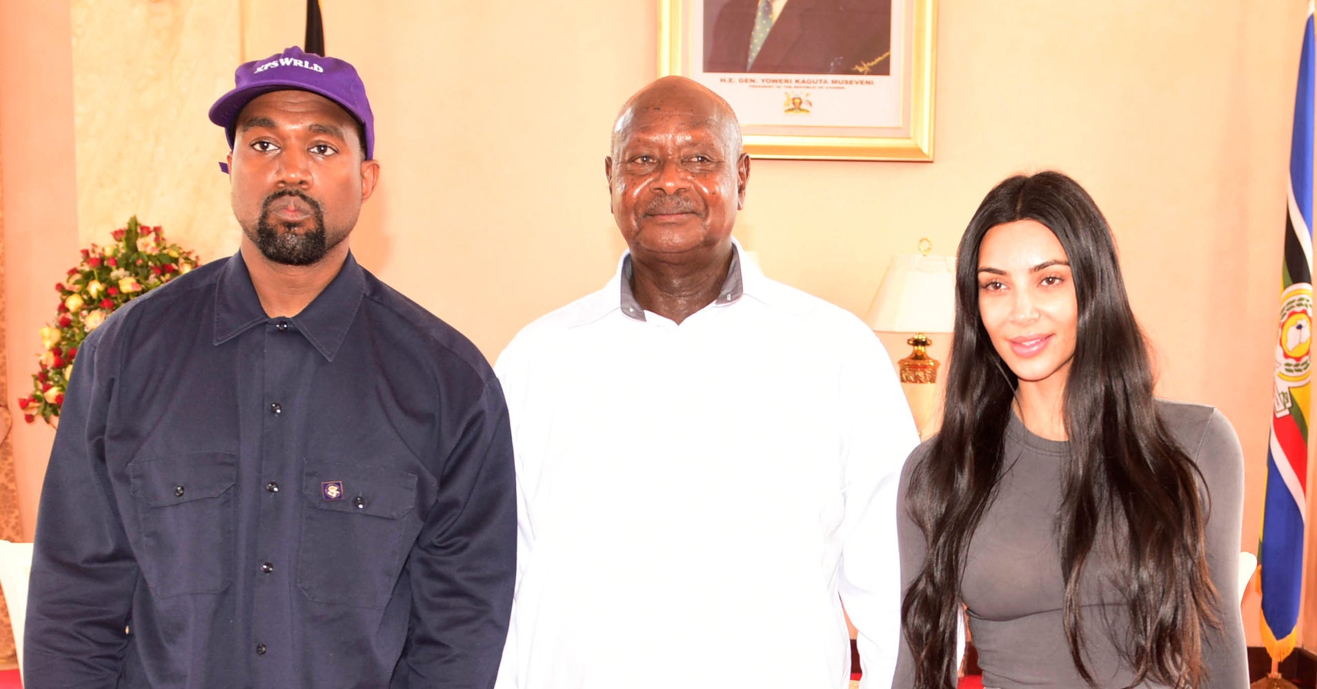 Image result for Kanye West and Kim Kardashian present Yeeezy sneakers to Uganda's Yoweri Museveni