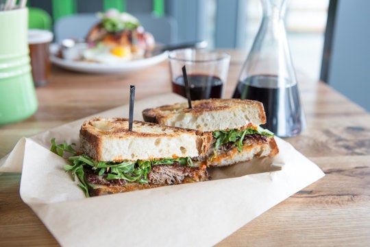 Brider's lamb and harissa sandwich: tender lamb, creamy tzatziki, fresh cucumbers, pepper relish and arugula on ciabatta bread.