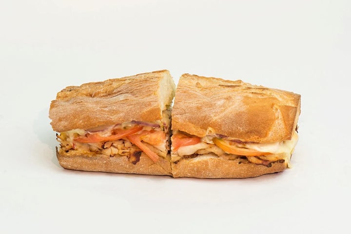 The Rajun Cajun is served hot on a baguette with plenty of Cajun turkey, pepper jack, tomato, onion and spicy salsa mayo.