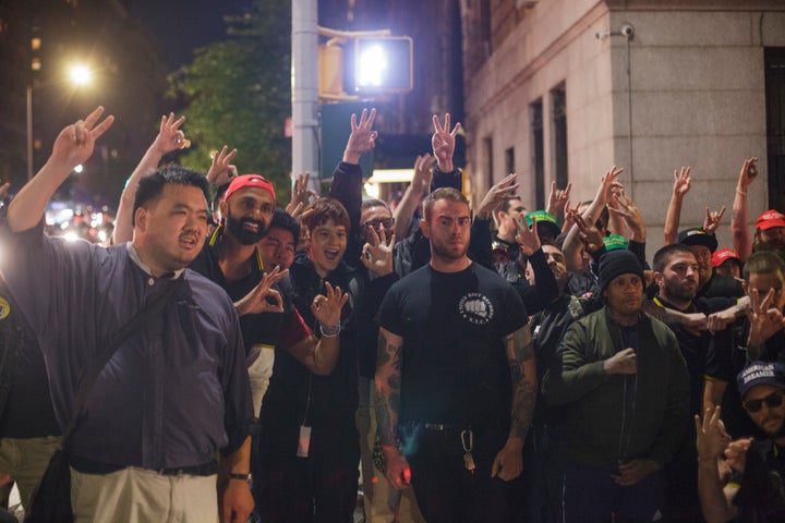 A group of Proud Boys and their allies outside a Manhattan GOP event at which they assaulted protesters.