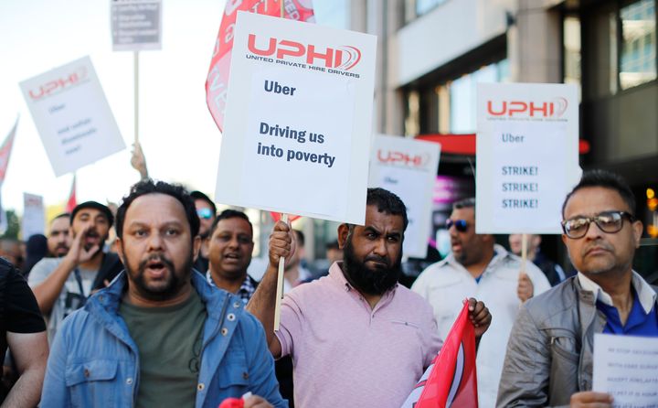 Uber drivers in London stage a 24-hour strike on Oct. 9 as they protest for higher fares and improved workers' rights.