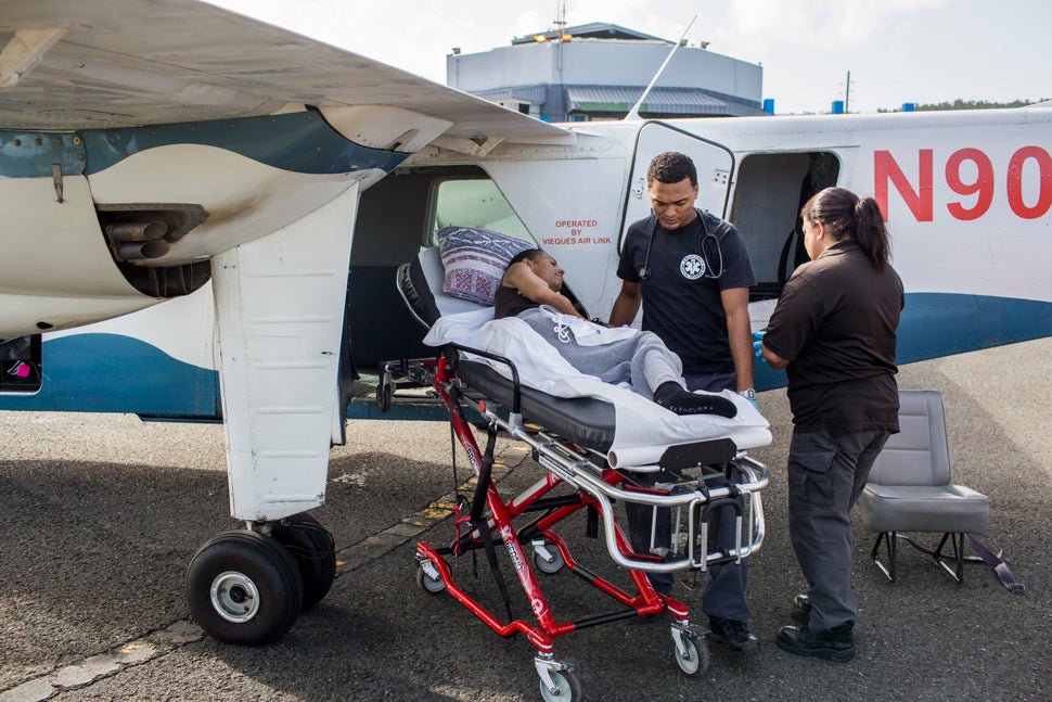 At the Vieques airport, Sandra Medina de Jesús is transferred in a small aircraft for her dialysis treatment at t