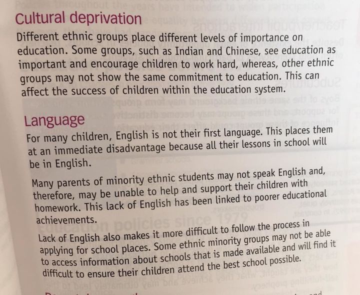 The book links education is to ethnicity, and claims 'different ethnic groups place different levels of importance on education'.