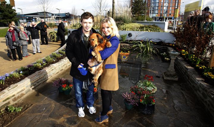 Blue Peter presenters Helen Skelton and Barney Harwood, with Barney the Dog after The Princess Royal opened the Blue Peter Garden at its new home at Media City Manchester. 