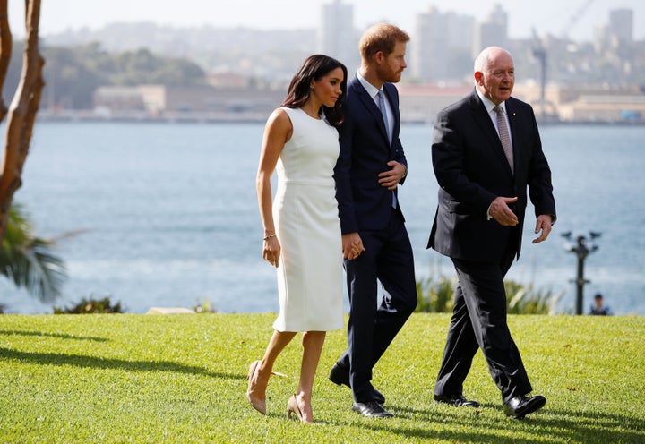 The Duke and Duchess of Sussex with Australia Governor-General Peter Cosgrove on the grounds of Admiralty House in Sydney.