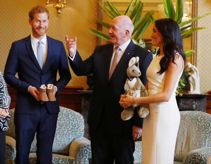 The Duke and Duchess of Sussex with their first baby presents. 