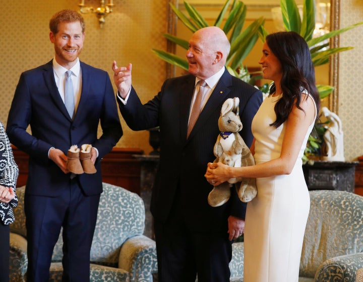 The Duke and Duchess of Sussex with their first baby presents. 