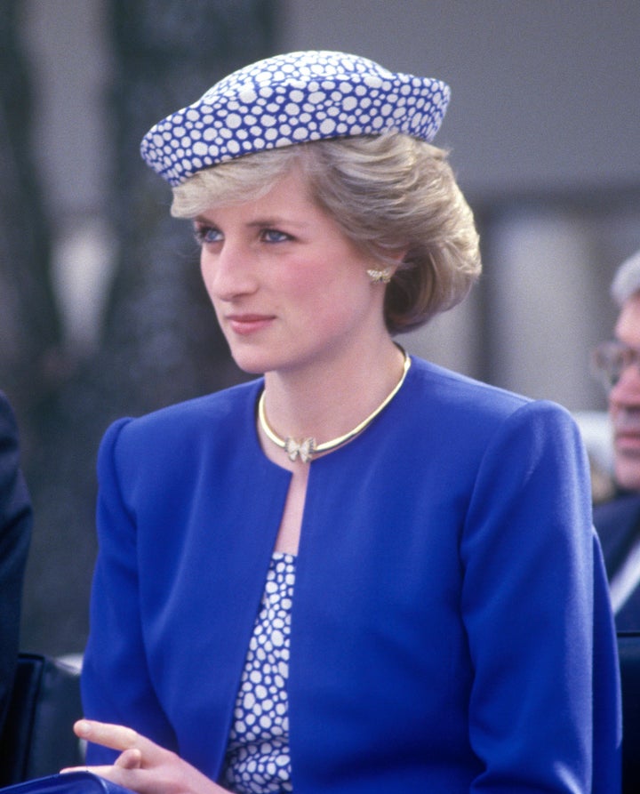 Charles, Prince of Wales, and Diana, Princess of Wales, visit Canada on May 4, 1986. Diana is wearing a Catherine Walker suit and a hat by Graham Smith. 