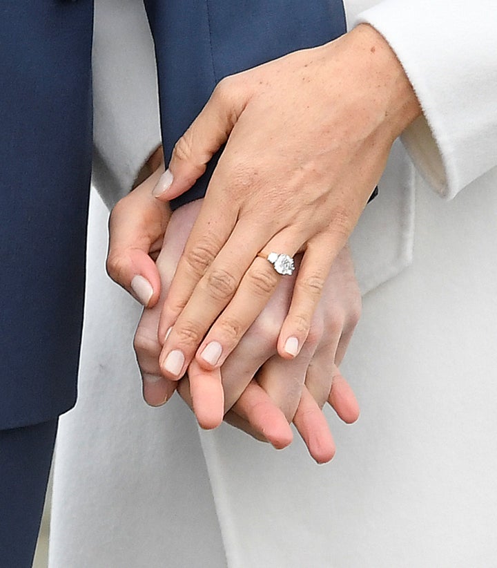 A close-up view of Meghan Markle's engagement ring.