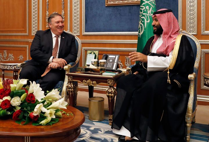 Secretary of State Mike Pompeo chats with Saudi Crown Prince Mohammed bin Salman in Riyadh on Oct. 16, 2018. 