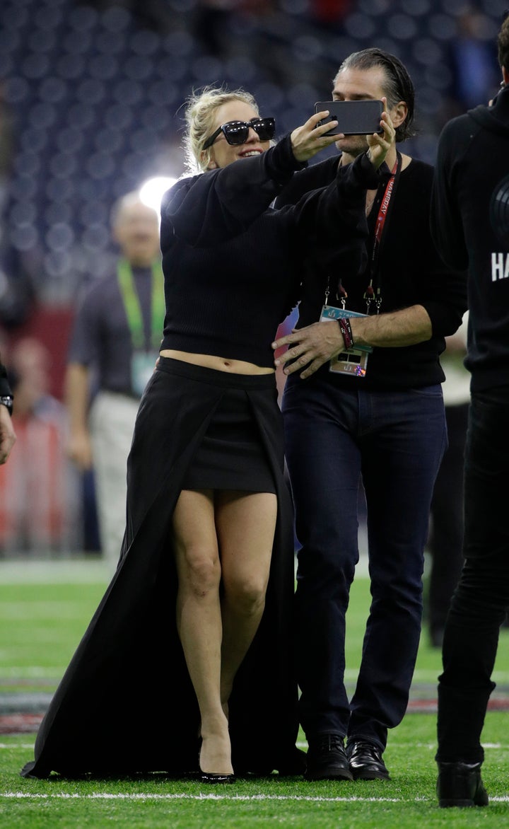 Gaga takes a selfie with Carino before the Super Bowl football game between the New England Patriots and the Atlanta Falcons on Feb. 5, 2017, in Houston.