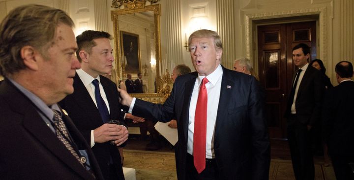 (From left) Steve Bannon, Elon Musk, President Donald Trump and Jared Kushner at the White House, Feb. 3, 2017.