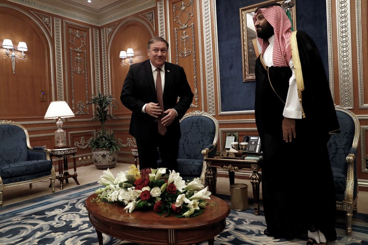 U.S. Secretary of State Mike Pompeo meets with the Saudi Crown Prince Mohammed bin Salman during his visits in Riyadh, Saudi Arabia, Oct. 16, 2018.