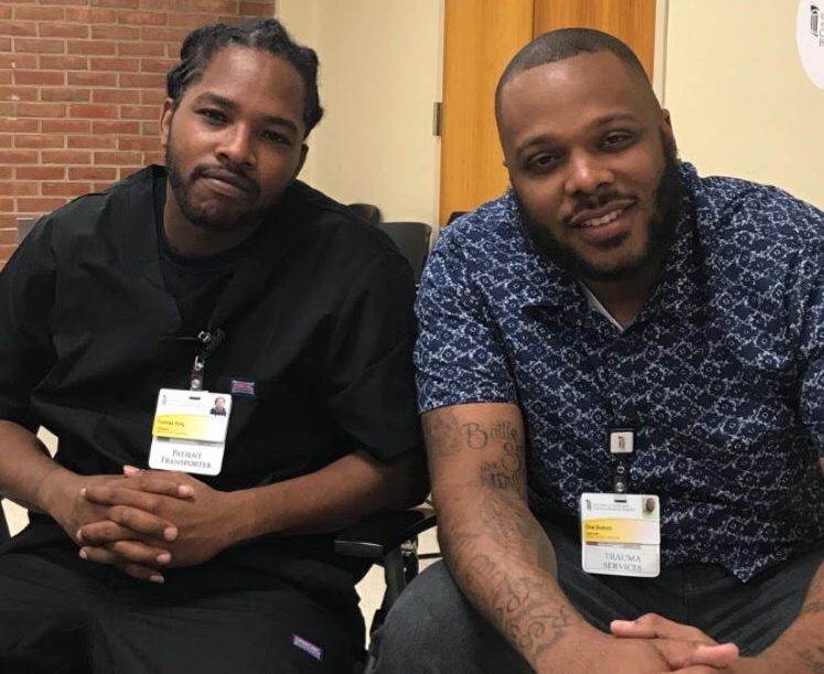 T.J. King, left, and Che Bullock at the Prince George's Hospital Center. Bullock helped recruit King into the Capital Region Violence Intervention Program after King was shot in 2017.