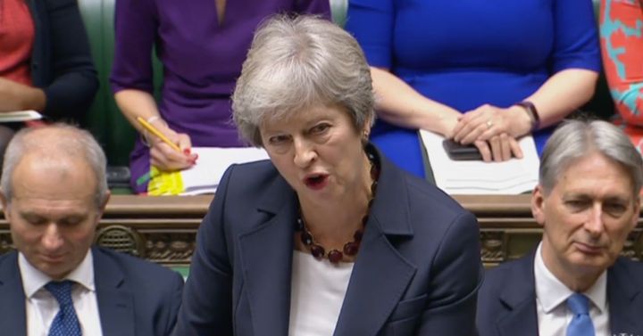 Prime Minister Theresa May speaking in Parliament during PMQs
