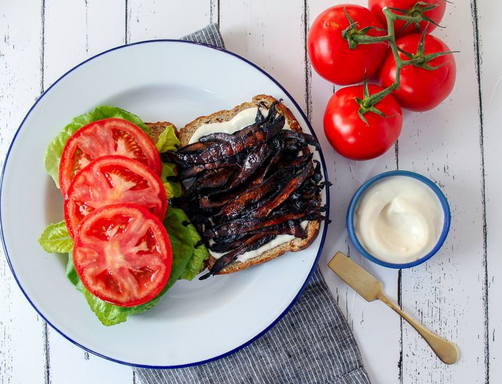 This vegan BLT uses specially prepared mushrooms that stand in for the bacon.