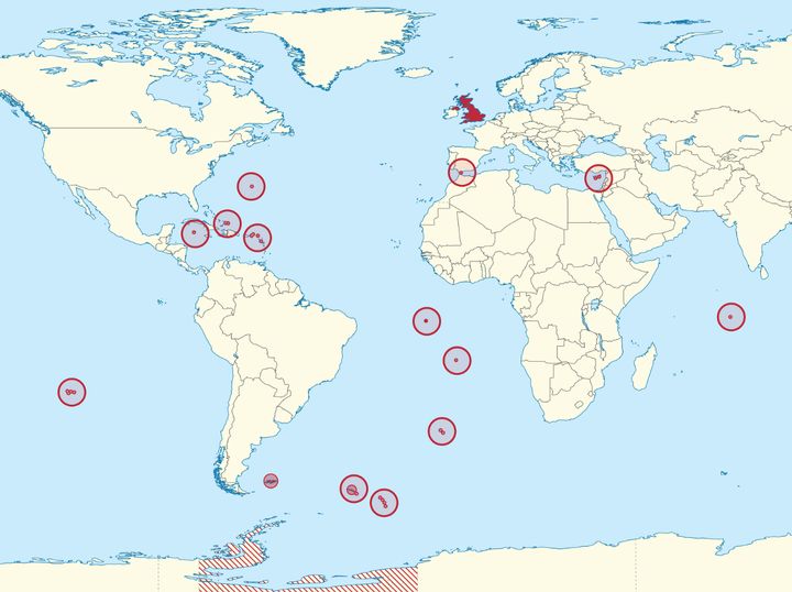 <p>The British Overseas Territories, shown above, include several islands in the South Atlantic.</p>