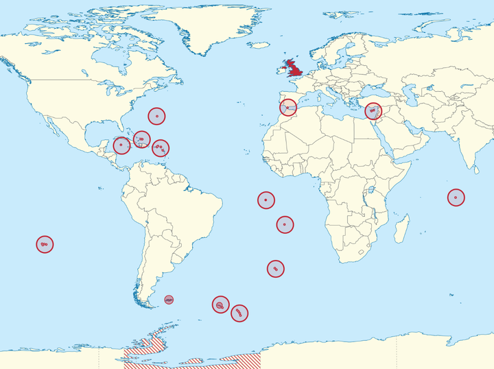 The British Overseas Territories, shown above, include several islands in the South Atlantic.