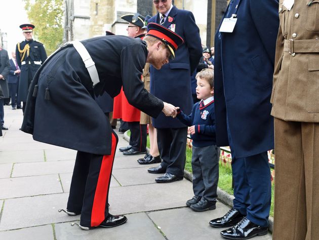 Prince Harry shakes hands with a child at Westminster Abbey's Field of Remembrance where he honoured the fallen ahead of Armistice Day.