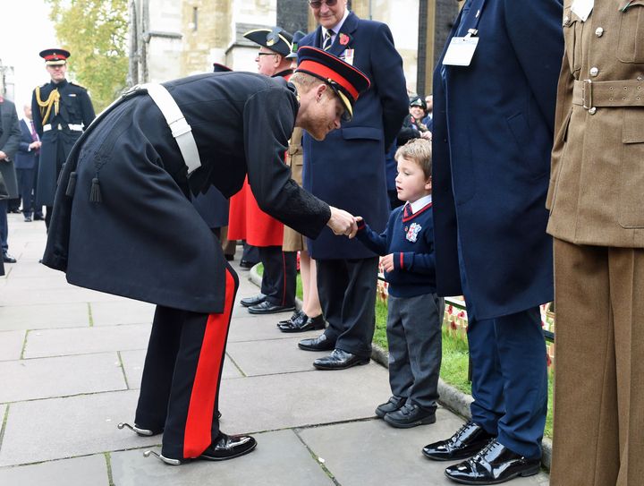 Prince Harry shakes hands with a child at Westminster Abbey's Field of Remembrance where he honoured the fallen ahead of Armistice Day.