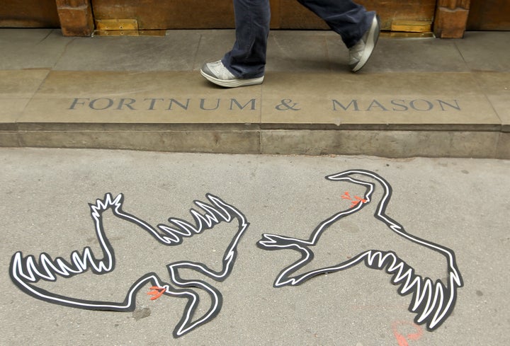 Chalk body outlines of geese — part of a PETA protest against the sale of foie gras at Fortnum & Mason in London. Because of the animal suffering associated with its production, foie gras may be a good candidate for the first wave of slaughter-free meat products.