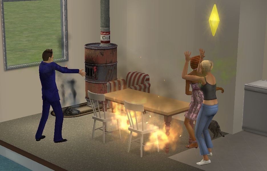 A "shoddy fireplace" did the trick to start a fire in "Sims 2." The cat, seen in the lower right corner, ended up running away. The fifth household member was swimming in circles in the pool.